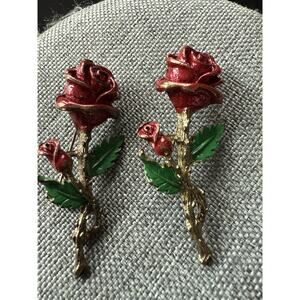 Vintage Long Stem Red Rose Brooch Pair Gold Tone Scarf Lapel Pin Career Cocktail